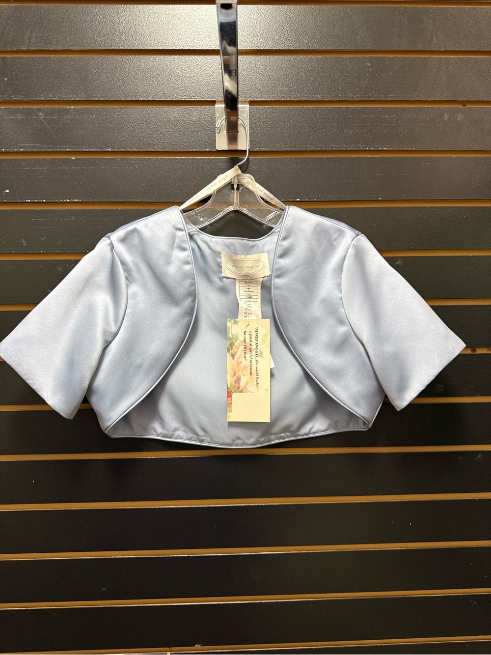 NWT Alfred Angelo Cornflower Blue Satin Bolero Shrug Jacket Size 14 formal